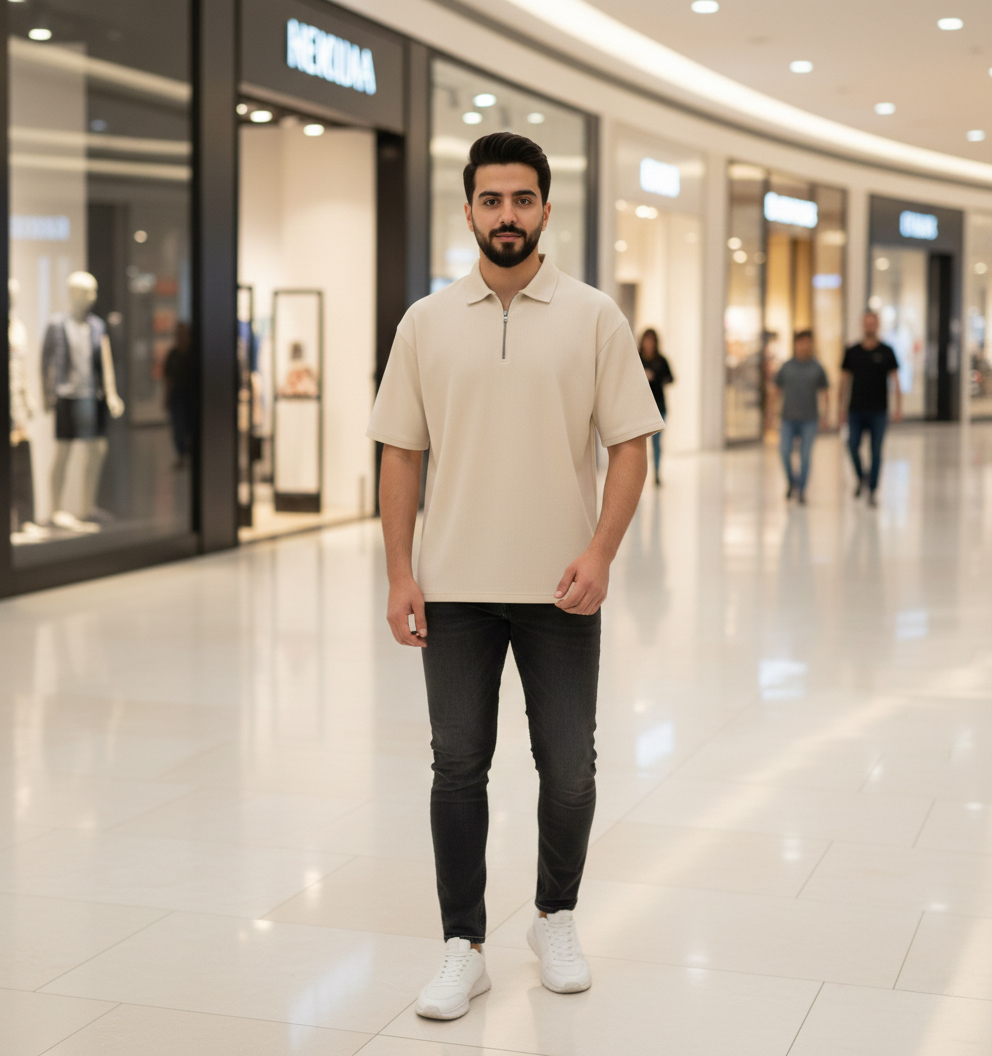 تیشرت مردانه یقه زیپ دار کرم مدل Arban