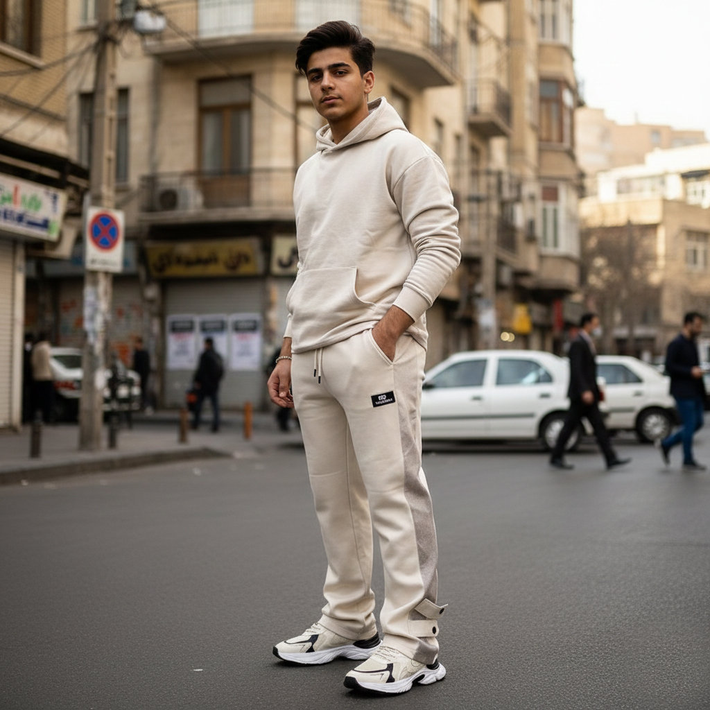 شلوار بنگال مردانه نوار پهن پایین دکمه مدل Mehrad-کرم